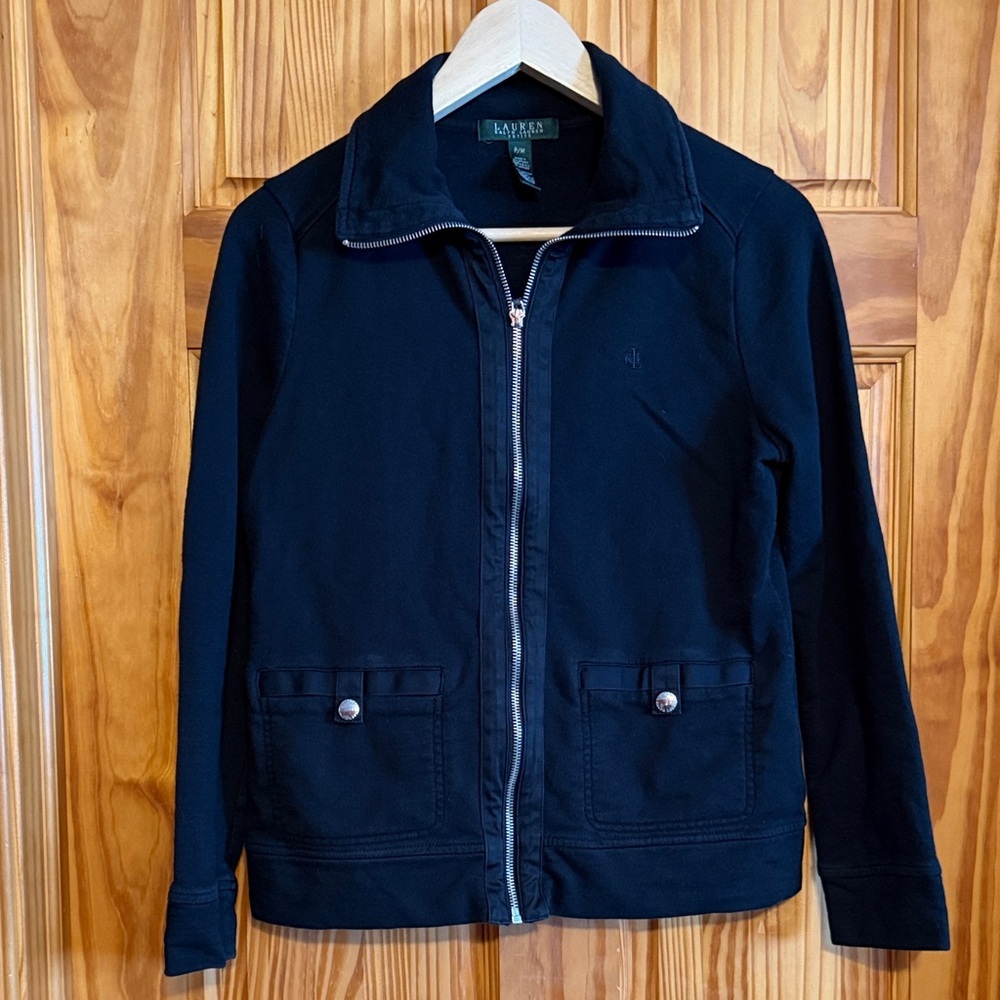 Lauren Ralph Lauren women's black cotton full-zip collared jacket with pockets